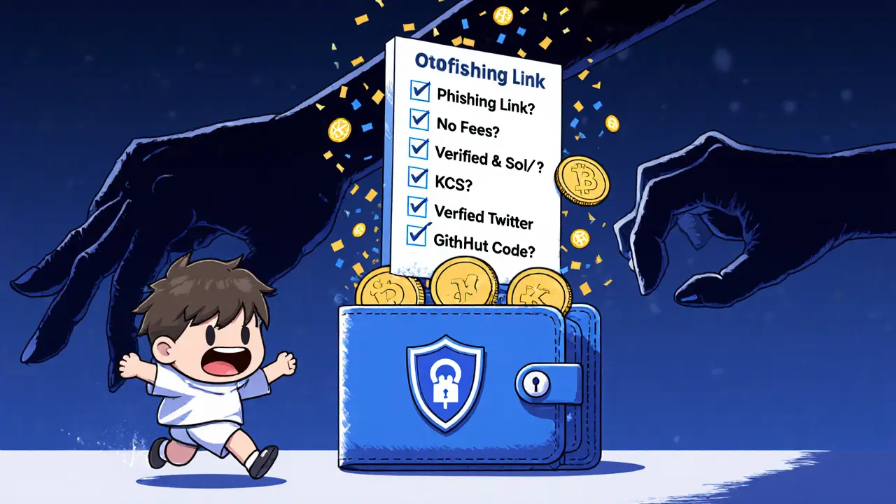 Wallet running from phishing hand as coins fly out, checklist with safety tips above.