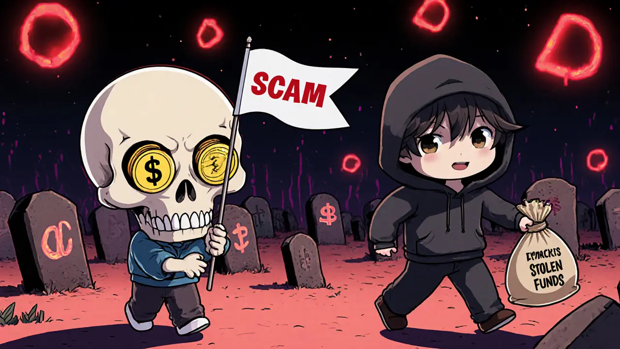 Warning skull sign with crypto coins for eyes as naive user walks toward it