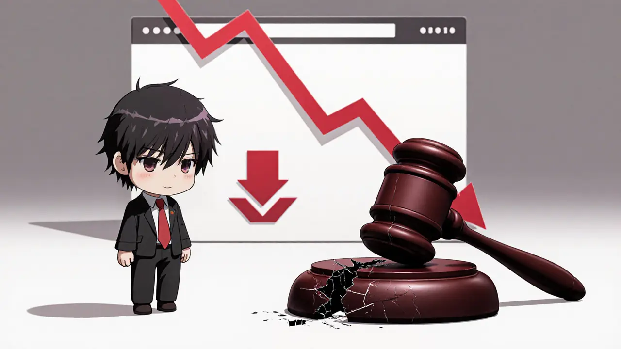 Worried chibi character beside broken auction gavel and falling chart.