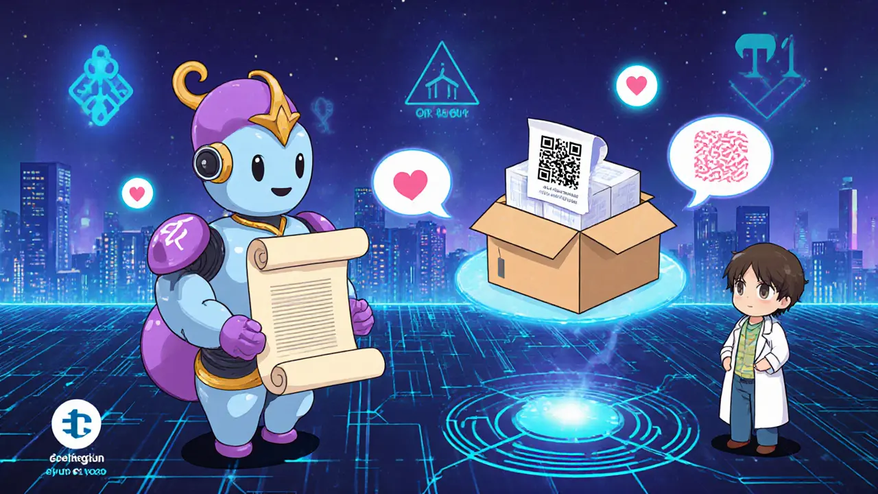 A cute robotic smart contract releases medical supplies after a verified delivery scan.