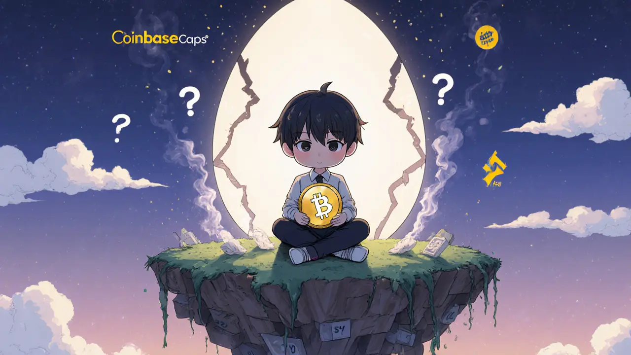 A lonely figure holds a single DSG token as a cracked egg releases question marks into the sky.