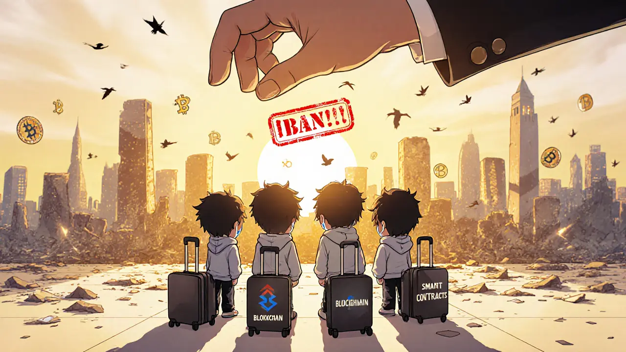 Algerian tech workers leaving the country, digital city fading behind them as a ban stamp looms.