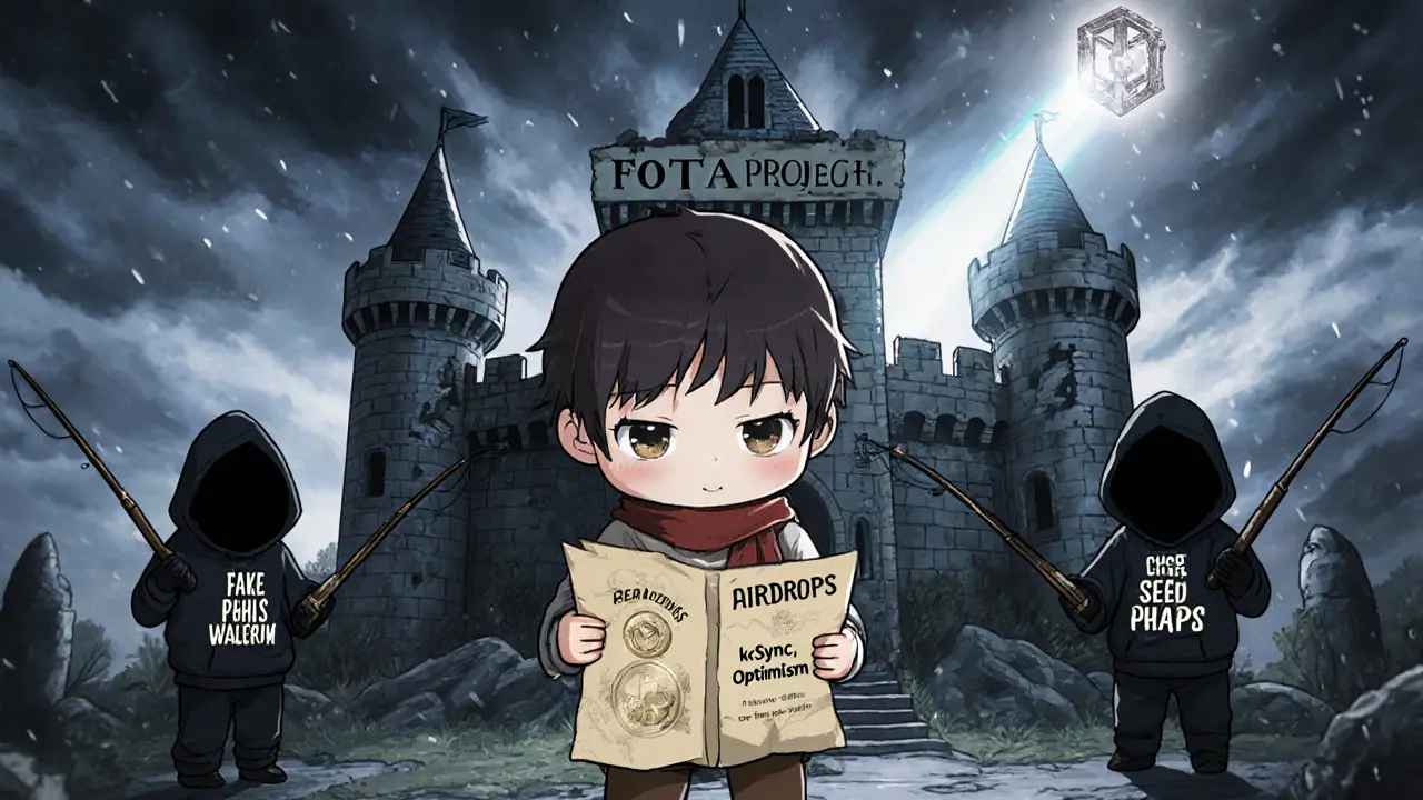 Chibi adventurer with a real airdrop map as scammer figures fish for wallets.