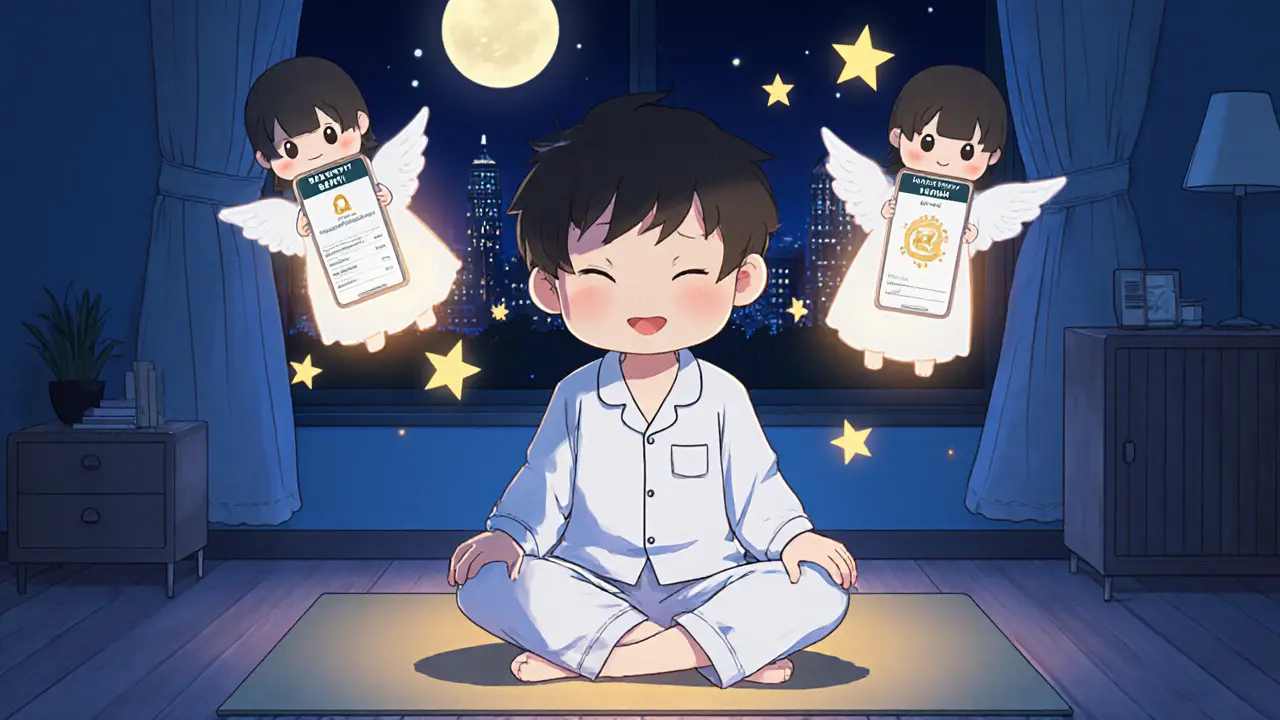 Chibi character at home with regulatory angels protecting their Reku app showing secure staking and 2FA.