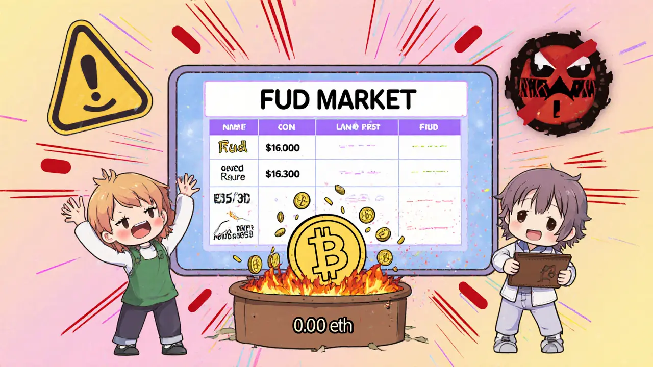 Chibi characters celebrating a meme coin crash on a game-like FUD Market leaderboard