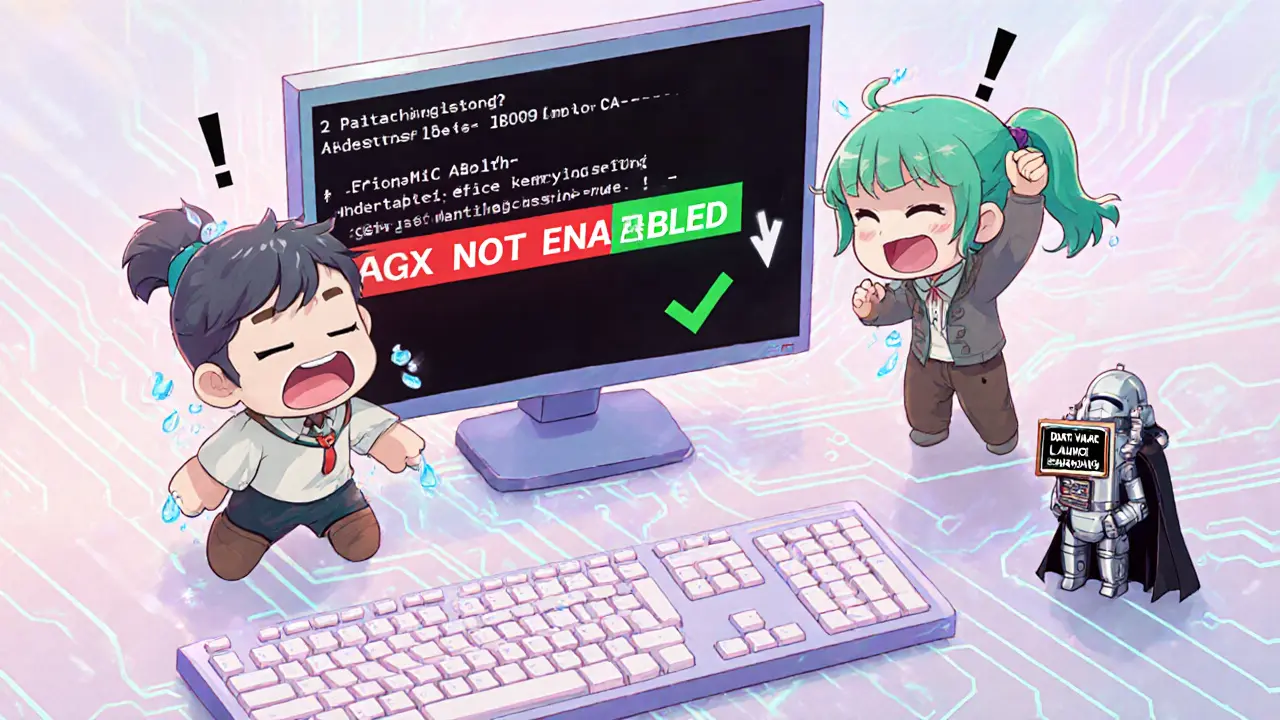 Chibi characters checking BIOS settings with glowing error and success messages