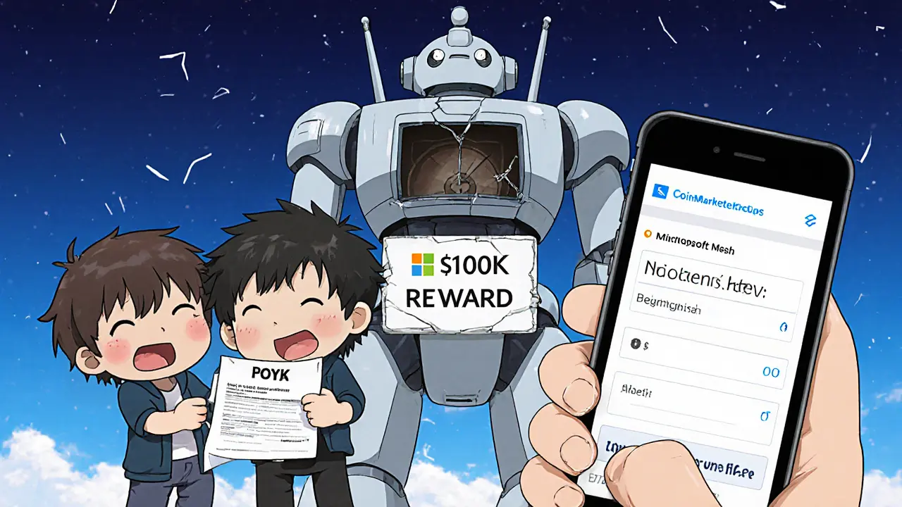 Chibi characters filling out a fake airdrop form next to a dead Microsoft Mesh robot.