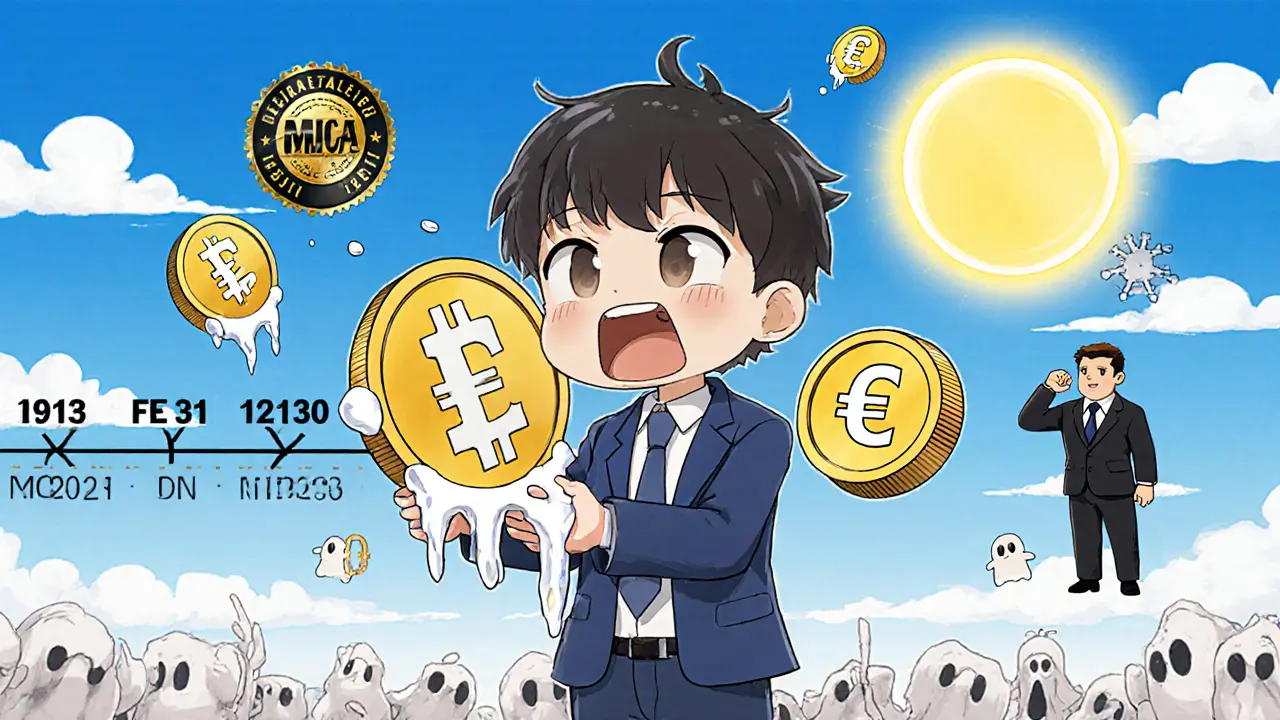 Chibi European trader watching USDT melt into EUR and USD under MiCA regulation