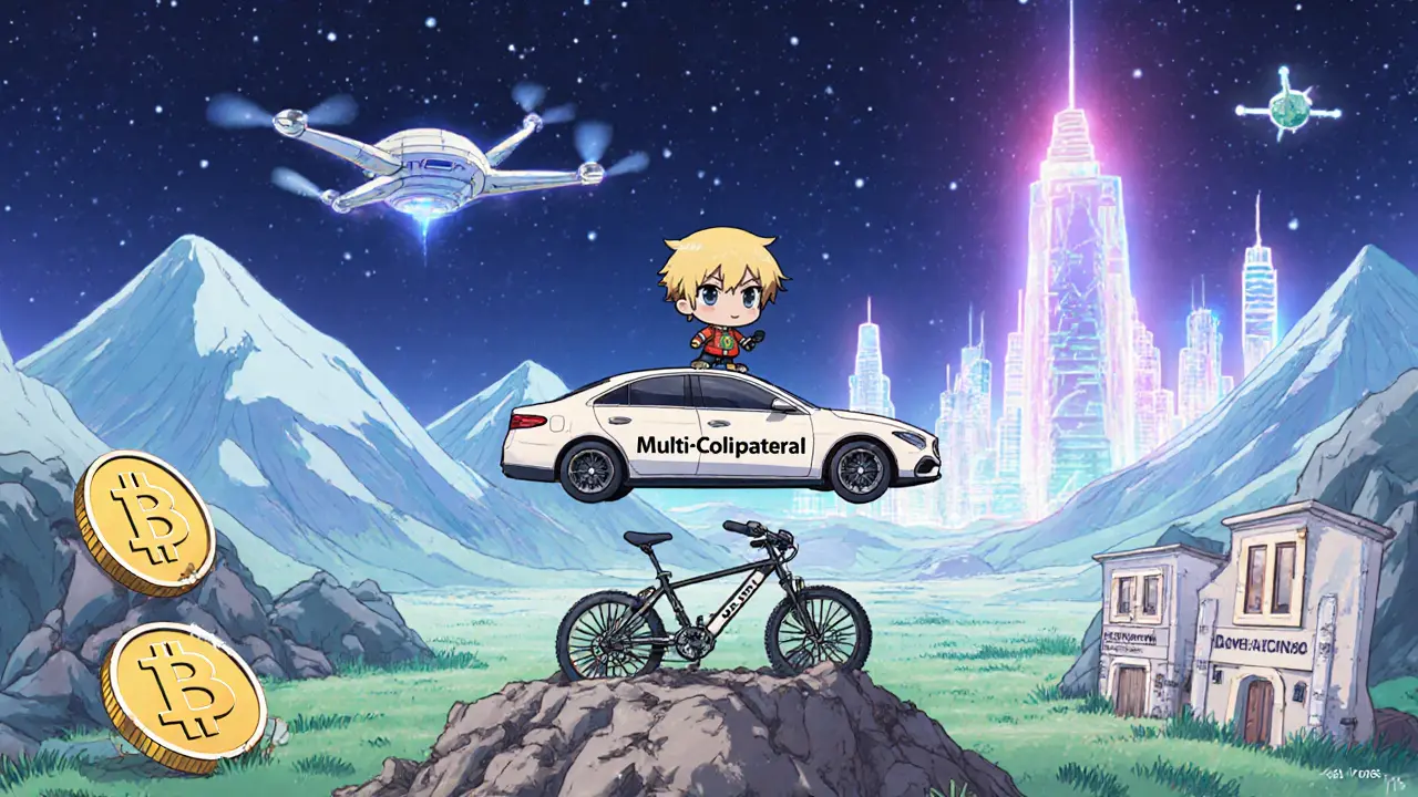 Chibi hero driving multi-collateral car over broken single-collateral bicycle.