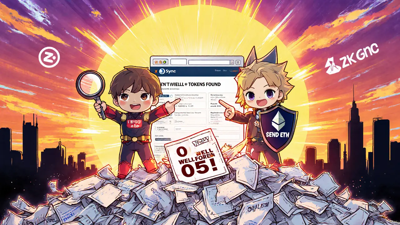 Chibi heroes expose WELL scam with Etherscan proof, standing on shredded fake offers.