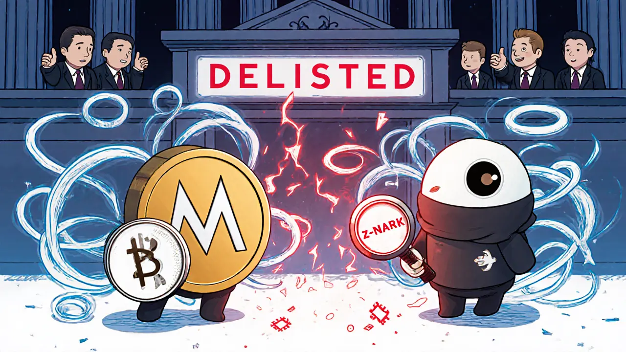 Chibi Monero shield fighter vs AI magnifying glass in a storm of privacy symbols