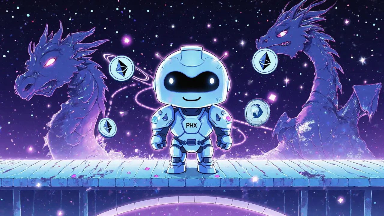 Chibi Phala node robot on Ethereum bridge with floating PHA tokens