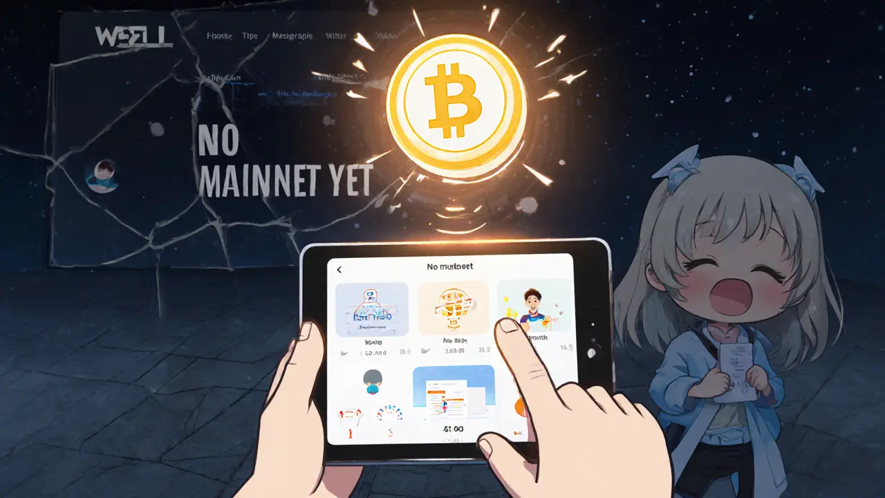 Chibi user enjoying a fictional WELL health app while empty real-world signs appear behind them.