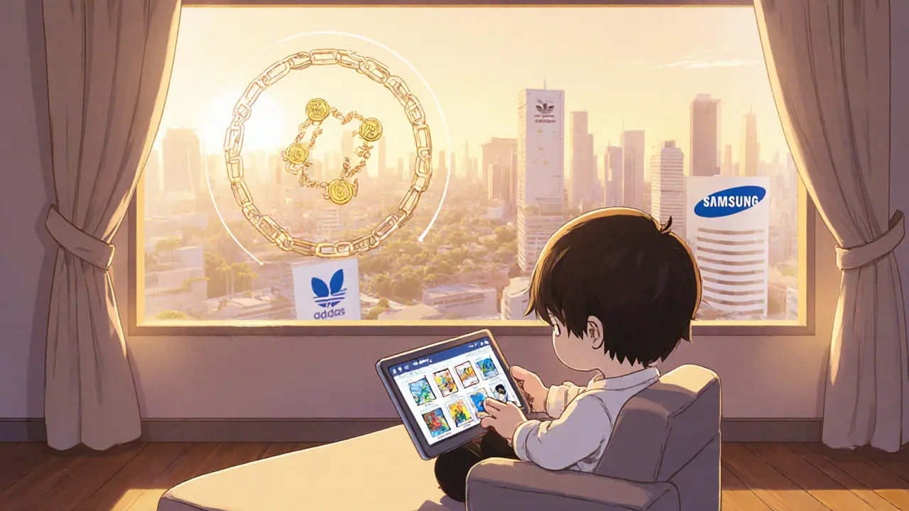 Chibi user relaxing in a digital home, viewing NFTs with blockchain animation above.