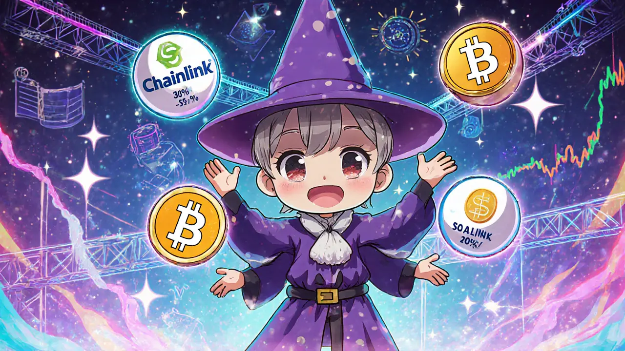 Chibi wizard juggling multiple crypto tokens with haircut percentages floating around.