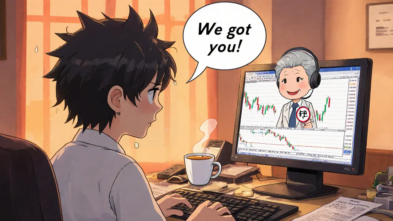 Customer support agent offering tea to frustrated trader staring at basic crypto charts on desktop.