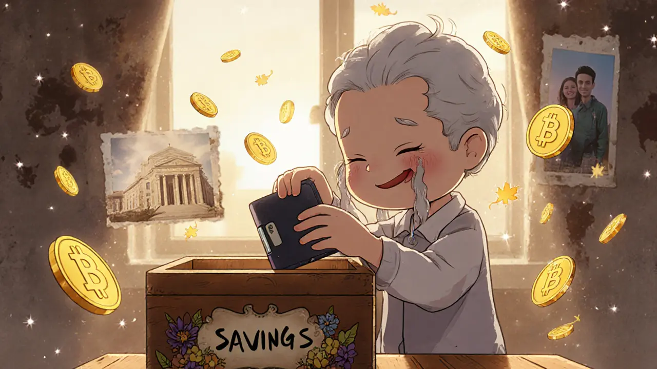 Elderly person safely storing a hardware wallet as digital USDT coins glow like golden leaves around them.