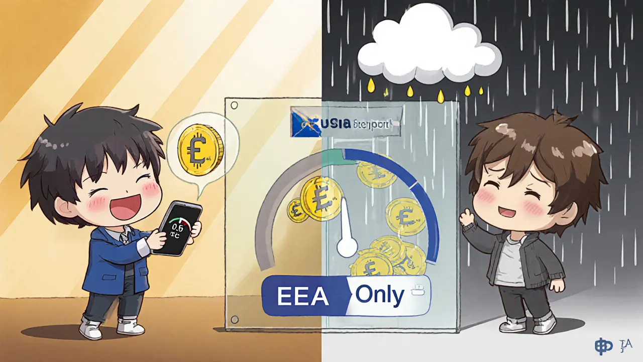 EU resident sending EUROP tokens happily while outsider is blocked by a glass wall labeled &#039;EEA Only&#039;.