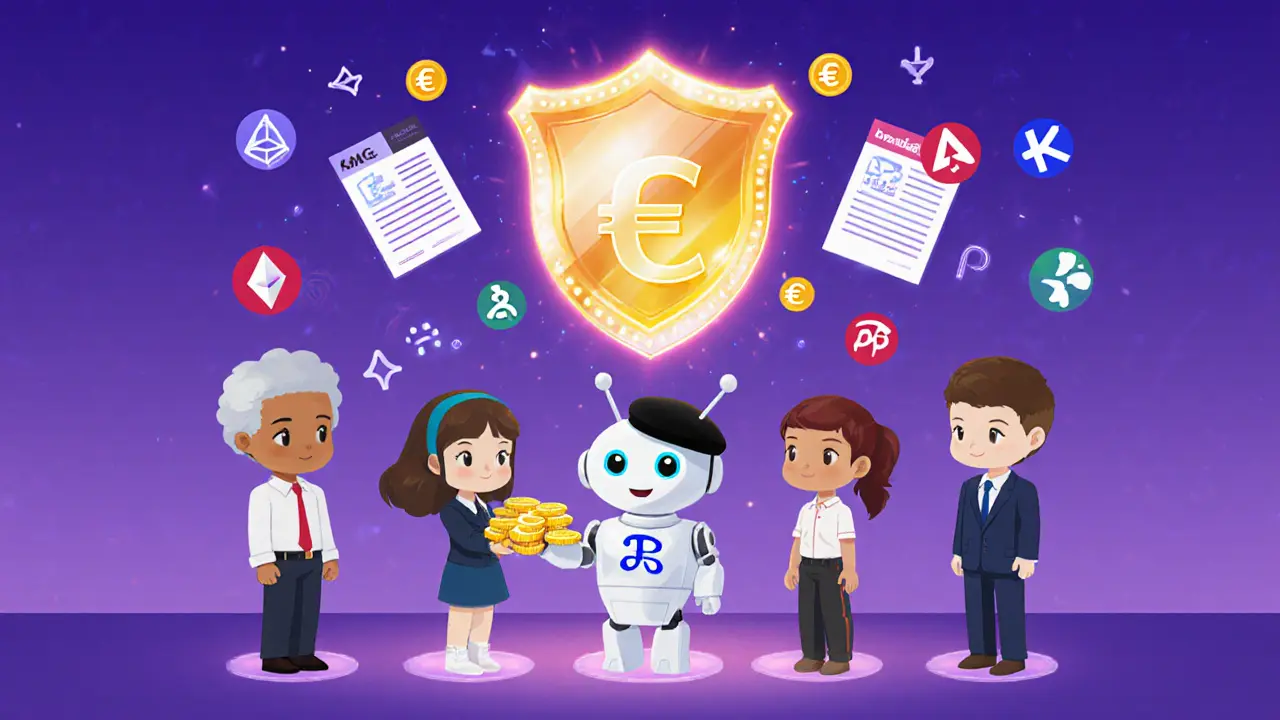 Friendly robot logo giving EUROP tokens to users on four different blockchain platforms.