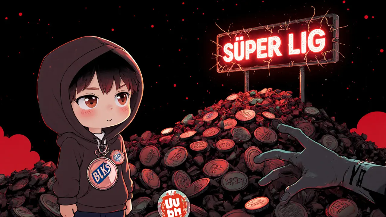 Gambler atop a pile of dead fan tokens gazing at a fading &#039;Süper Lig&#039; sign under a ghostly hand.