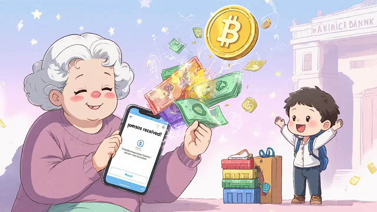 Grandmother in Mexico receives pesos from a USDT coin, child celebrates with school supplies