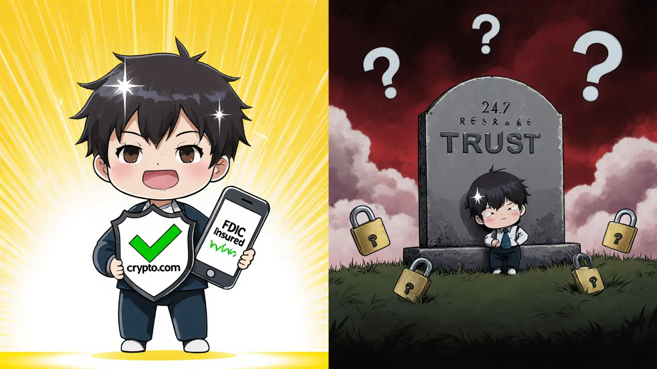 Happy chibi on safe exchange vs. defeated chibi beside FCoin&#039;s tombstone.