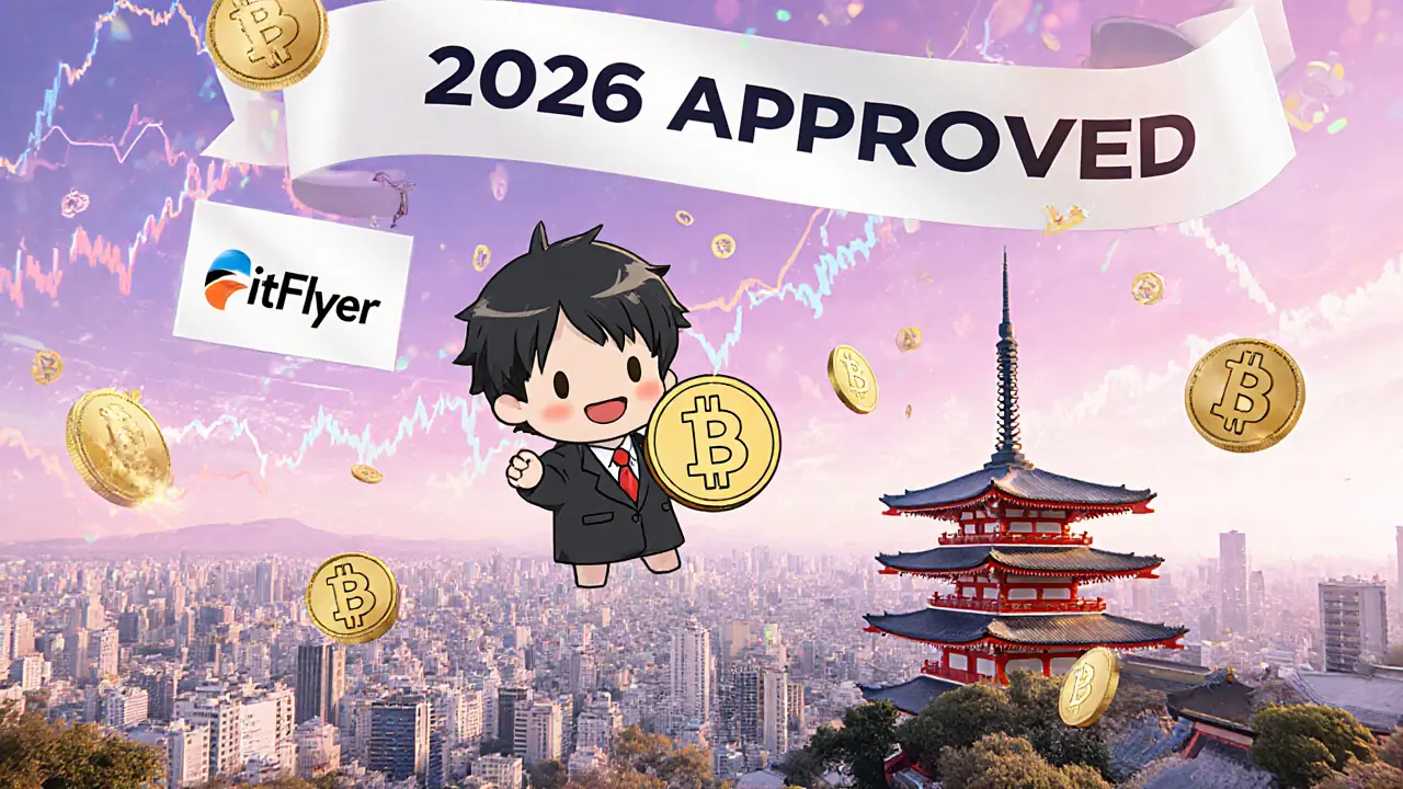 Happy investor holding a Bitcoin ETF token above Tokyo skyline with glowing symbols.