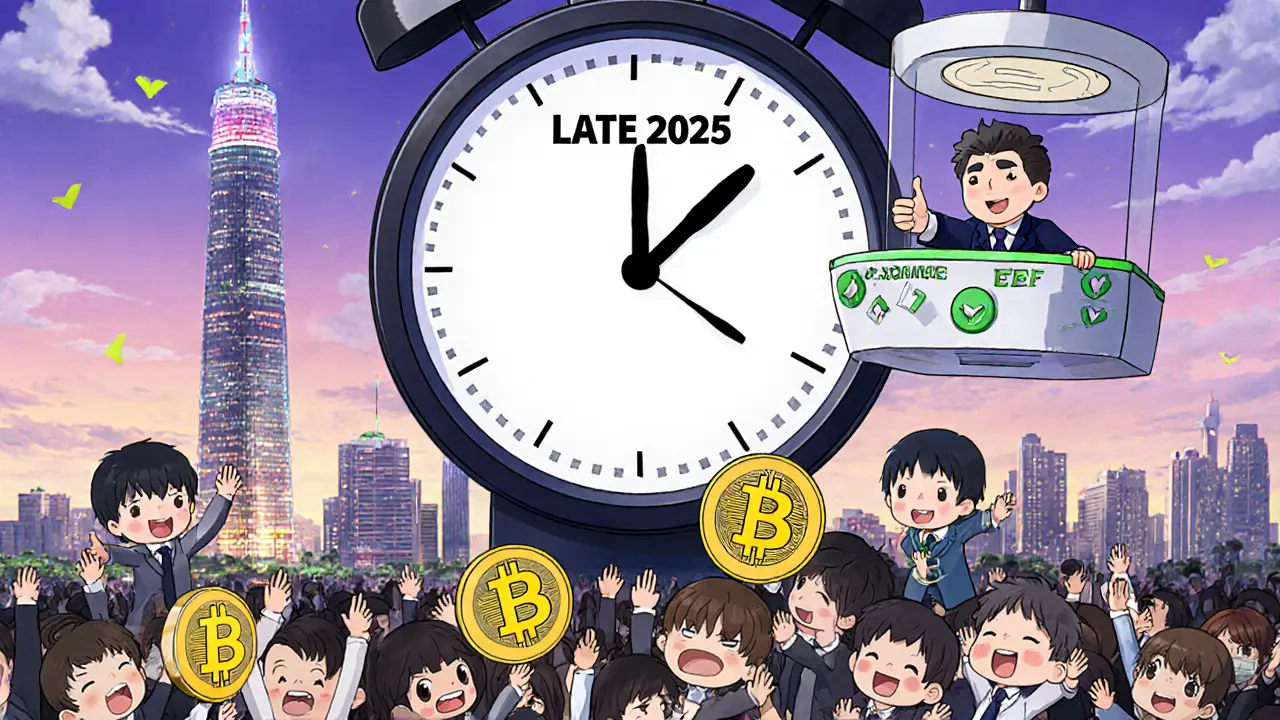 Happy investors holding crypto ETF tokens as Korea Exchange clock hits 2025 with Busan tower glowing.