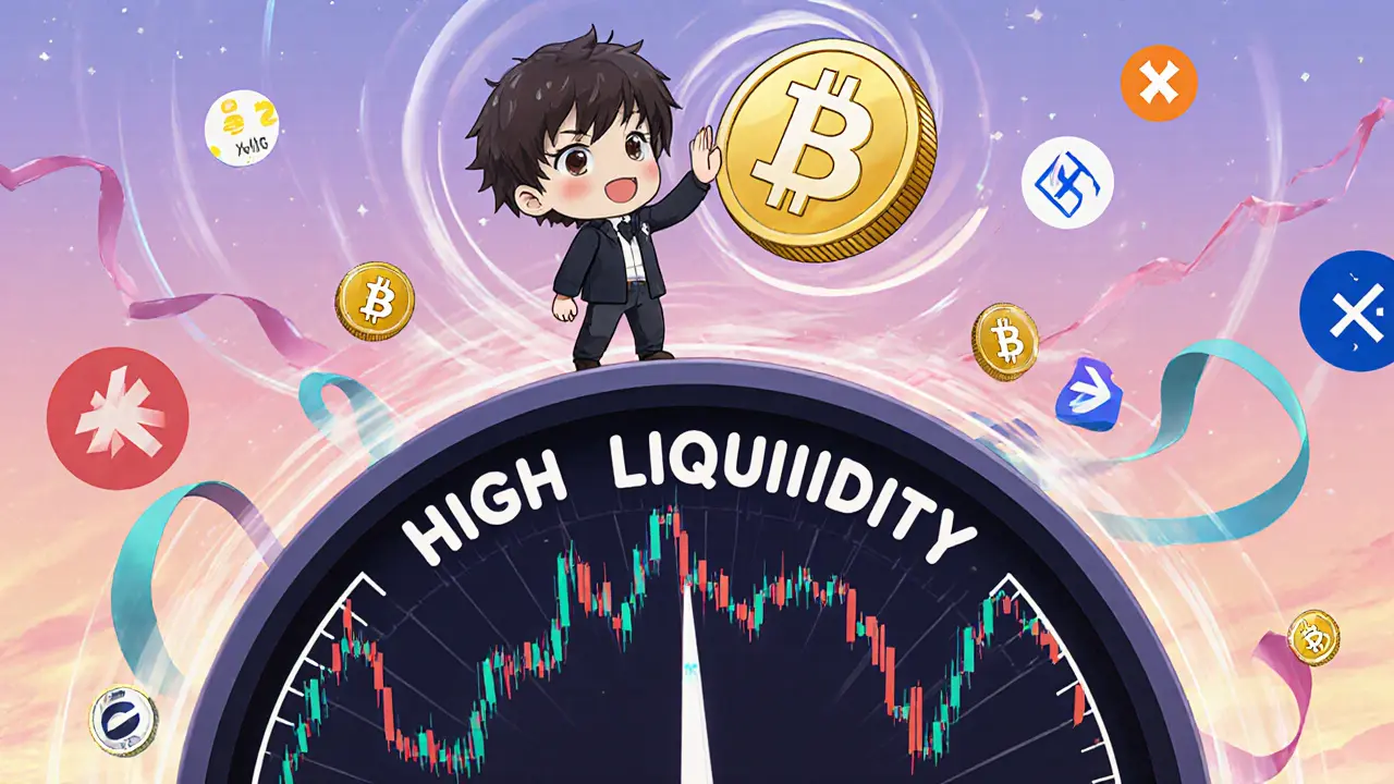 Happy trader celebrating high liquidity on a glowing volume meter with USDT