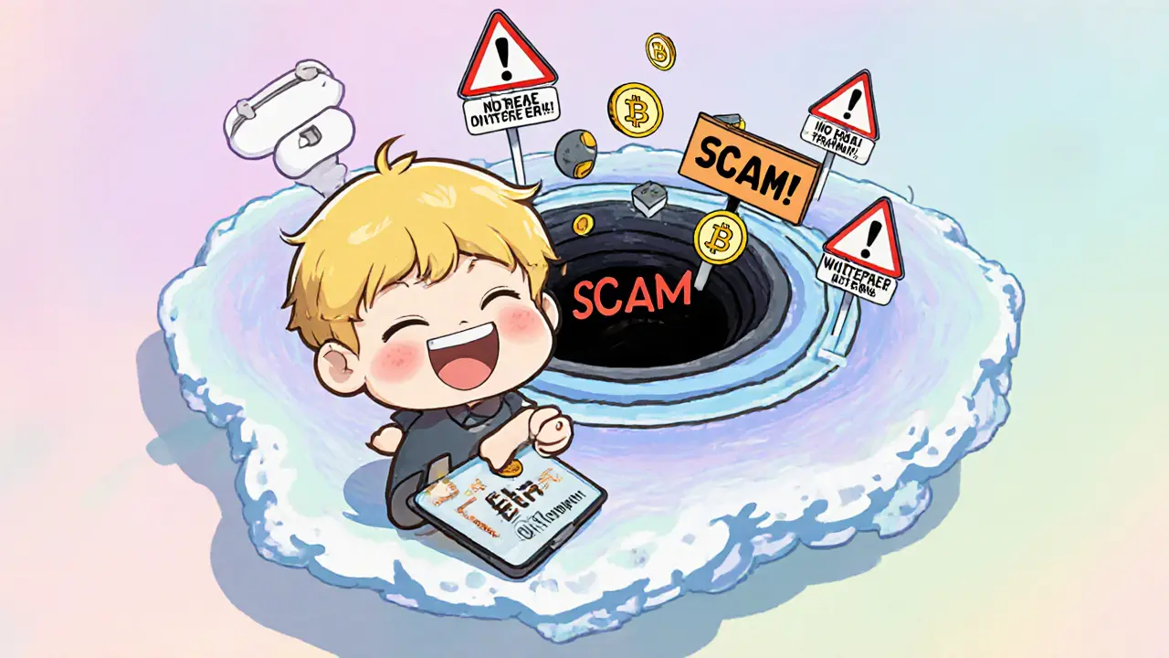 Happy user clicking approve button as coins vanish into a black hole labeled SCAM.