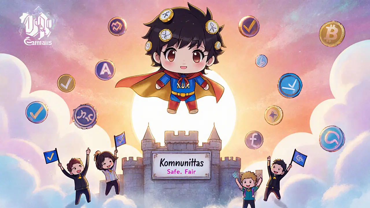 Hero chibi landing on Kommunitas castle with project icons in the sky.