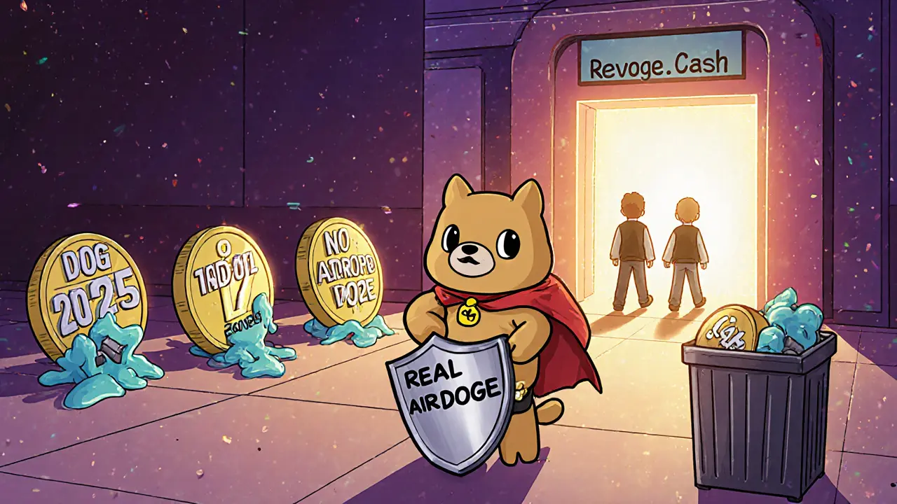 Heroic Dogecoin mascot defeats fake tokens with a &#039;No Airdrops&#039; shield.
