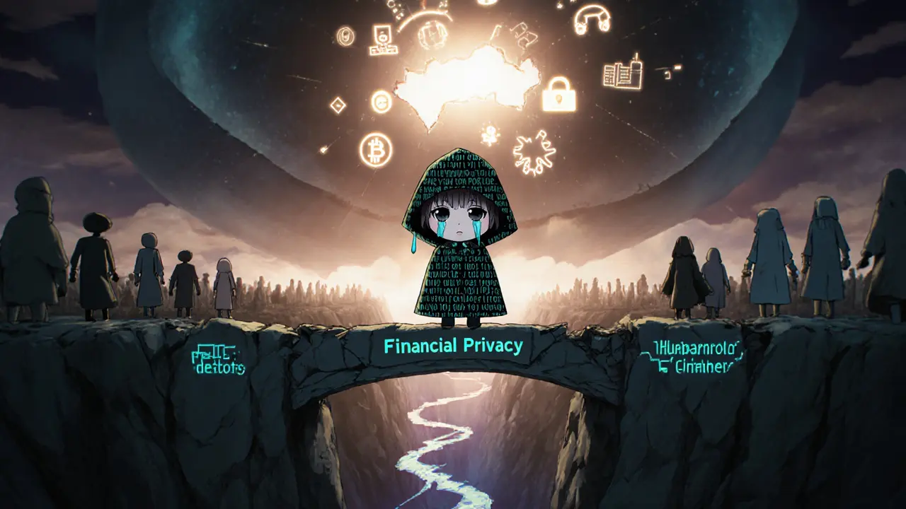 Hooded figure on crumbling privacy bridge with quantum computer looming above