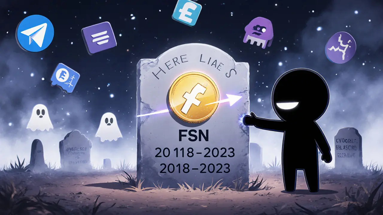 Lonely FSN coin in a digital graveyard with ghostly social media icons and a speculator reaching for it.