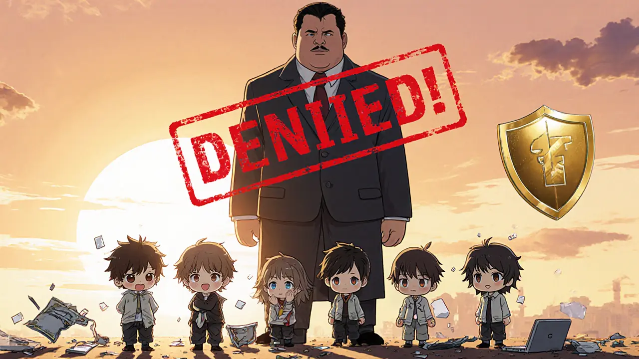 Nervous startup founders rejected by a giant FSA regulator with a red &#039;DENIED&#039; stamp.