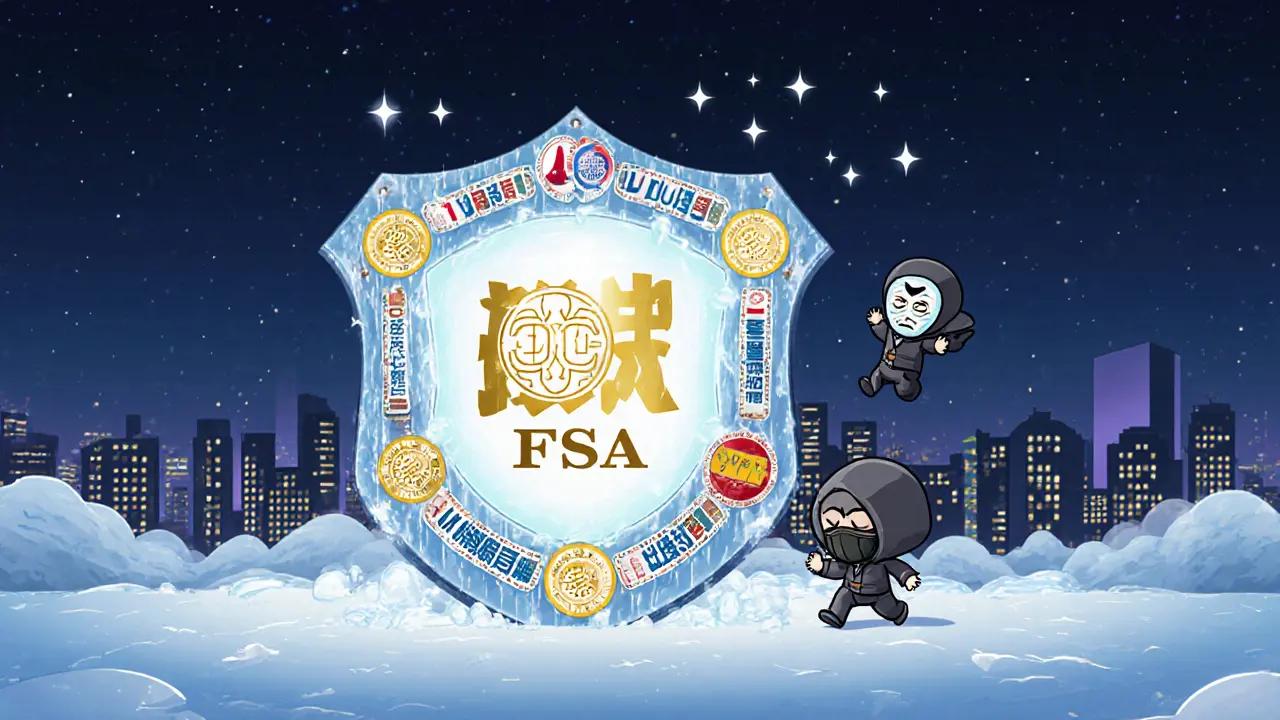 Protective regulatory shield blocking hackers from a cold wallet vault with smiling users inside.