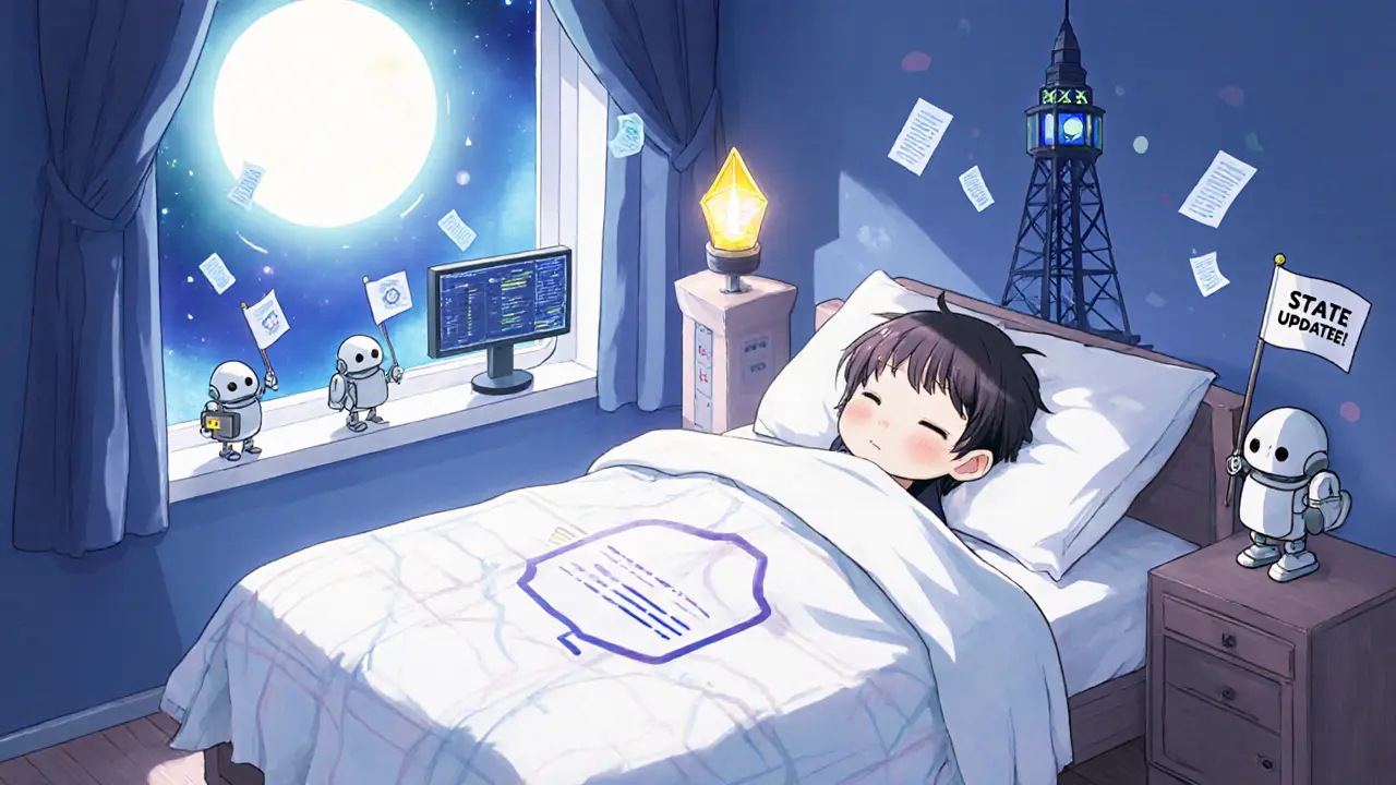 Sleeping user guarded by robotic assistants protecting their state channel backup.