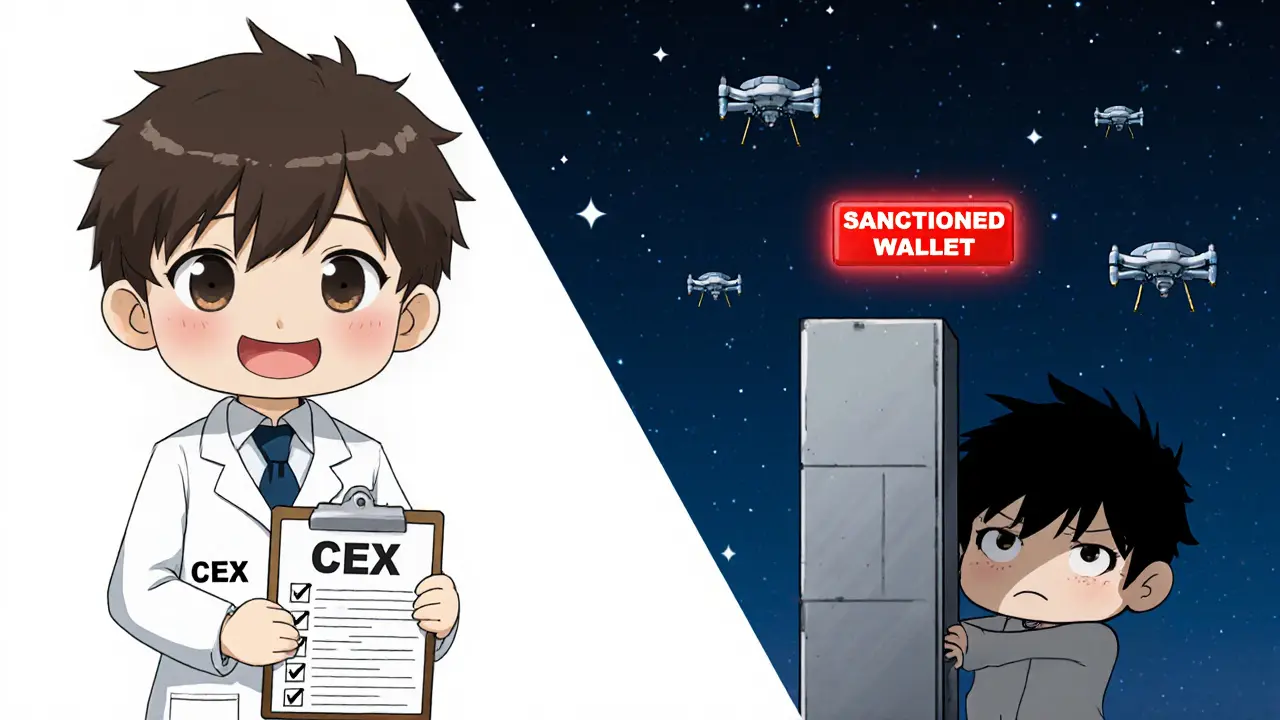 Split scene: compliant trader vs. hidden DEX user with warning alerts in background.