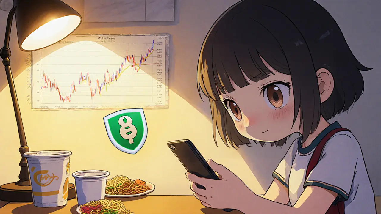 Teenager trading crypto via WhatsApp in a cozy bedroom.