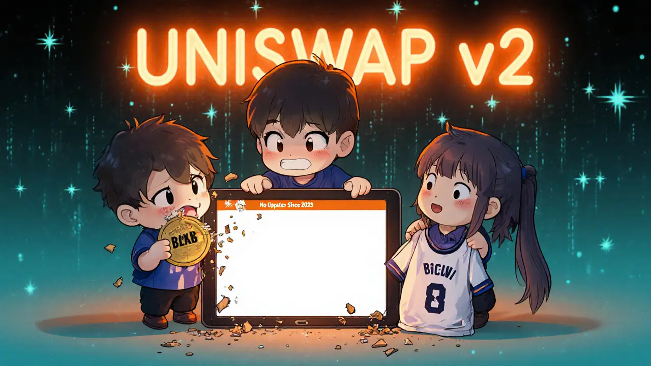 Three chibi fans reacting to a crashing BLKS token interface with a broken tablet and torn jersey.