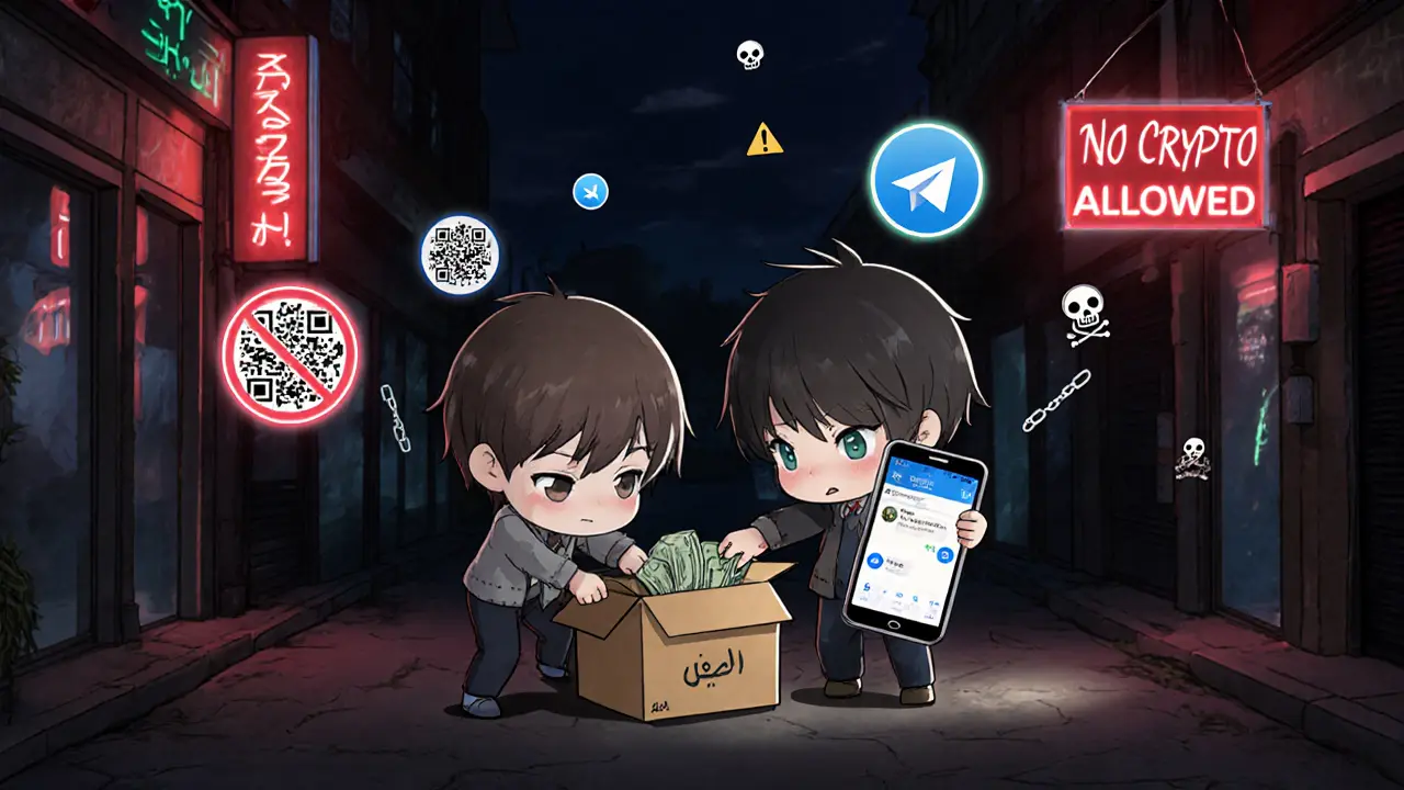 Three people exchanging cash for crypto in an alley, encrypted messages glowing in the air.