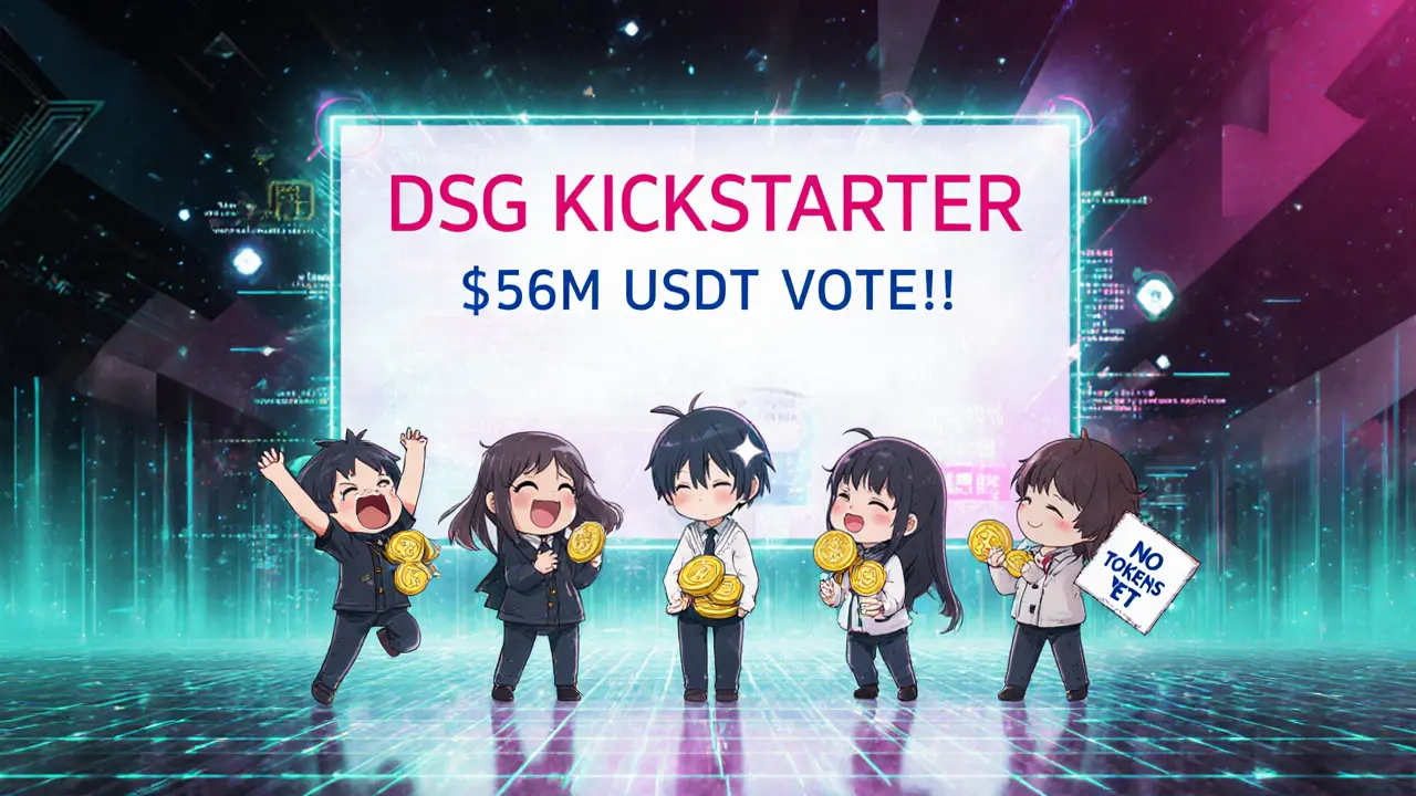 Tiny anime characters reacting to a massive USDT voting total on a digital screen.