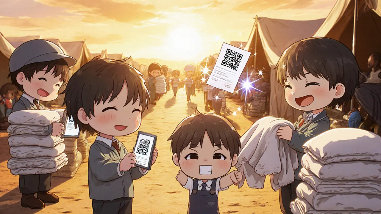 Tiny charity workers scan QR-coded blankets in a camp, with glowing blockchain confirmations.