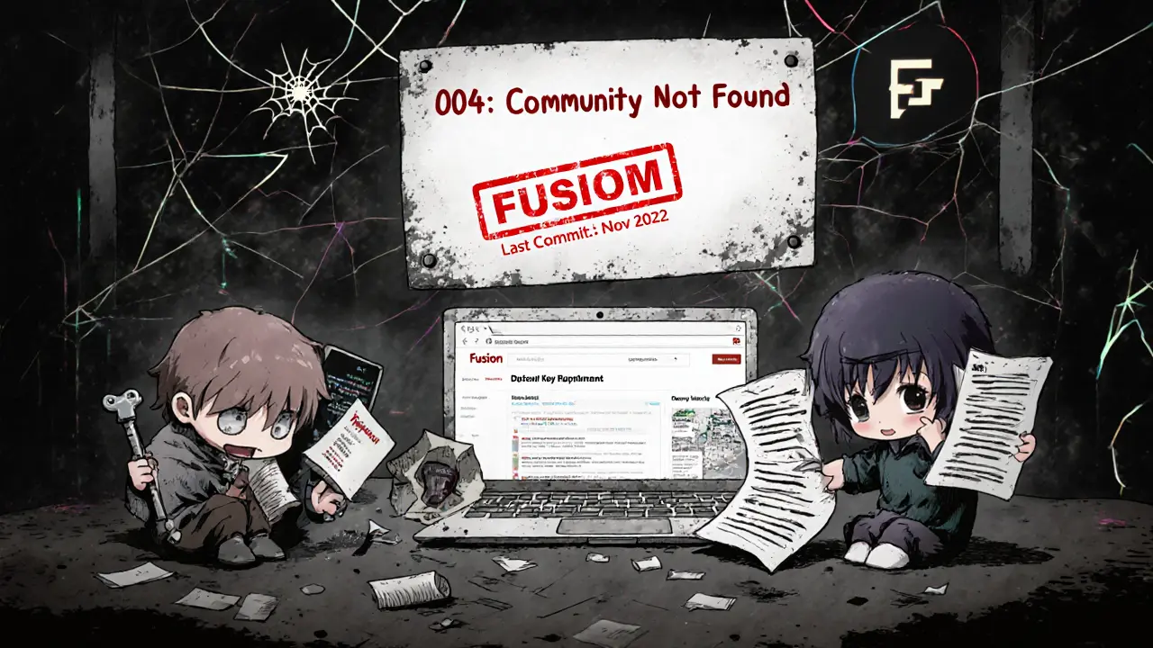 Tiny developers mourning over an abandoned GitHub page with outdated docs and frozen staking portals.