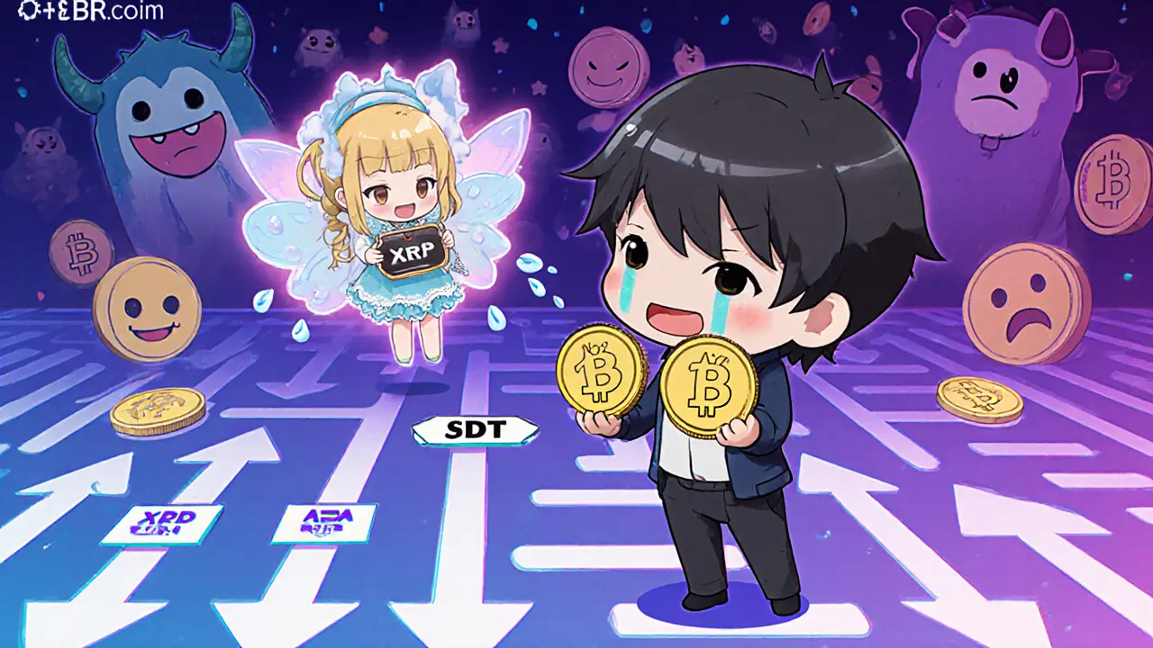 Tiny trader confused by complex trading path, guided by friendly USDT fairy