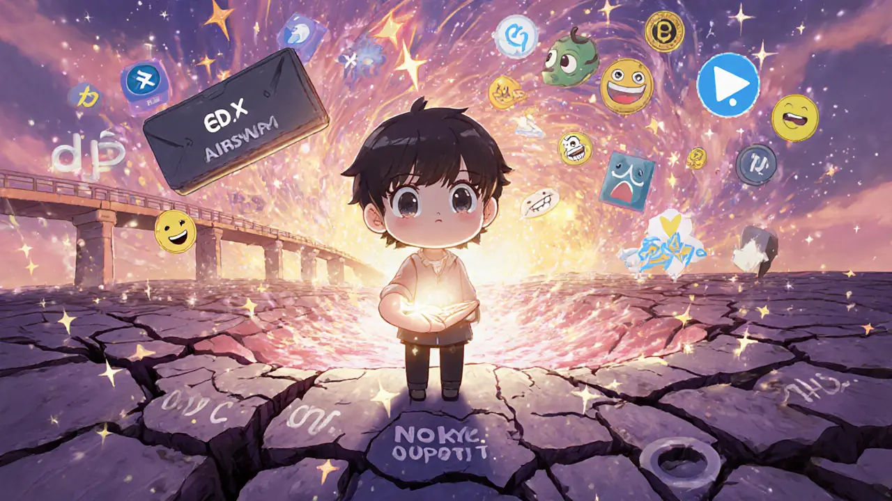 Trader at edge of crumbling platform pulled toward meme coin vortex with safe DEXs behind