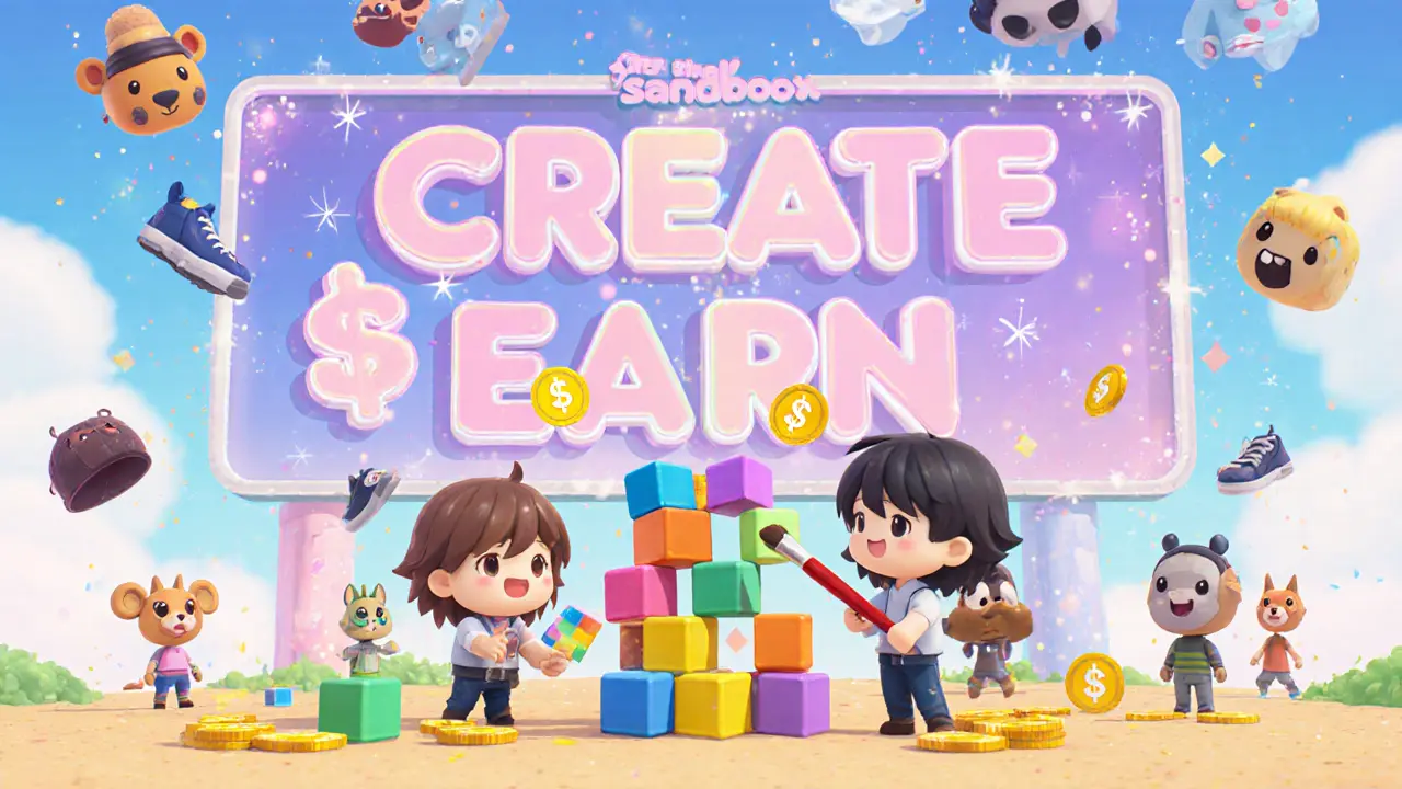 Two chibi creators building a game in The Sandbox with floating tokens and playful NPCs.
