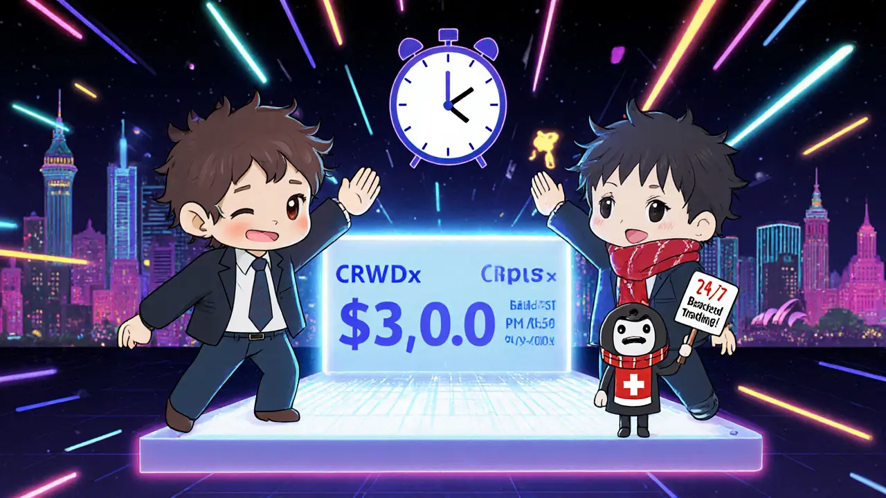 Two chibi traders from Berlin and Sydney high-fiving over a 24/7 CRWDx price chart.