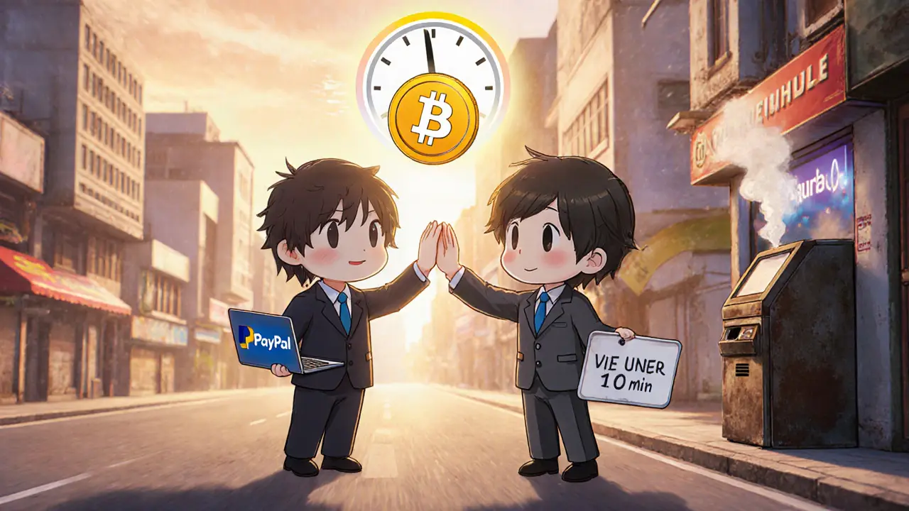 Two tiny business owners high-fiving as a USDC coin transfers instantly between them