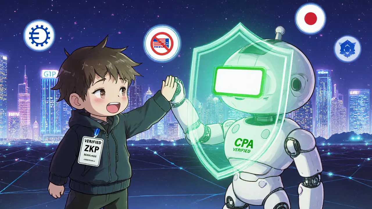 User high-fives ZKP robot, personal data hidden behind shield while verified light shines.